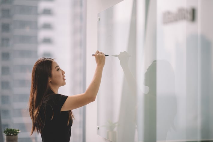 Woman writing goals on whiteboard